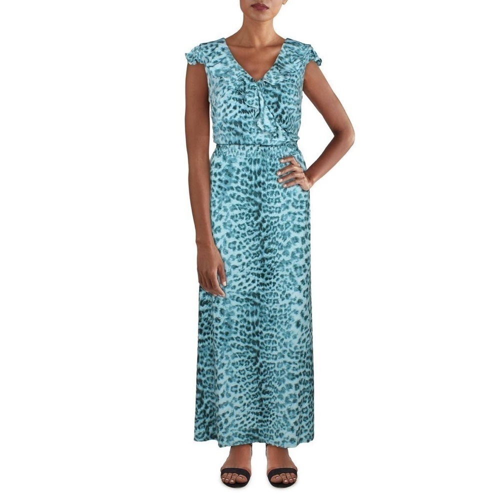 16. Nwt Inc Green Cheetah Sleeveless Ruffle Maxi Dress
